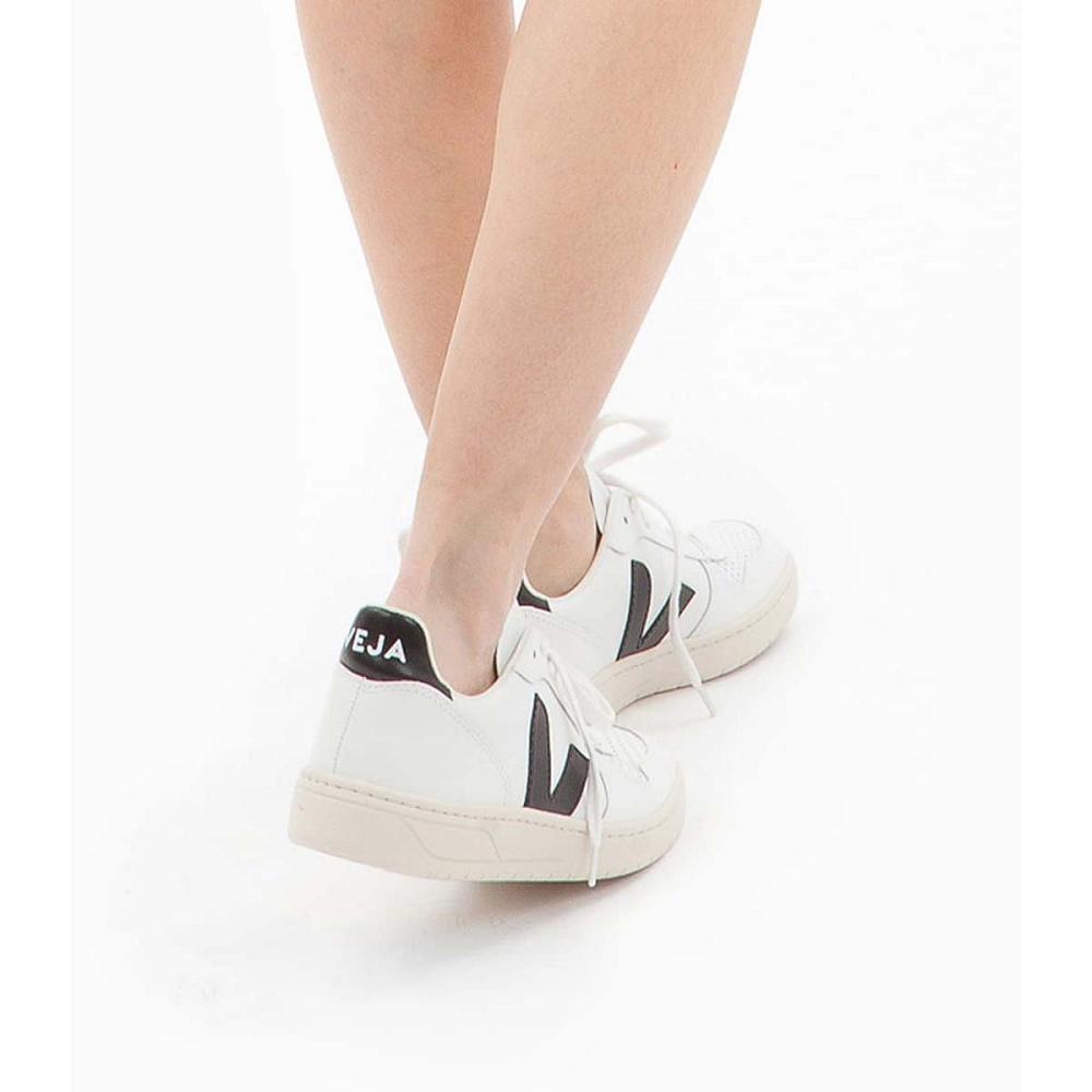 Veja V-10 LEATHER Sneakers Dames White/Black | NL 663MQZ